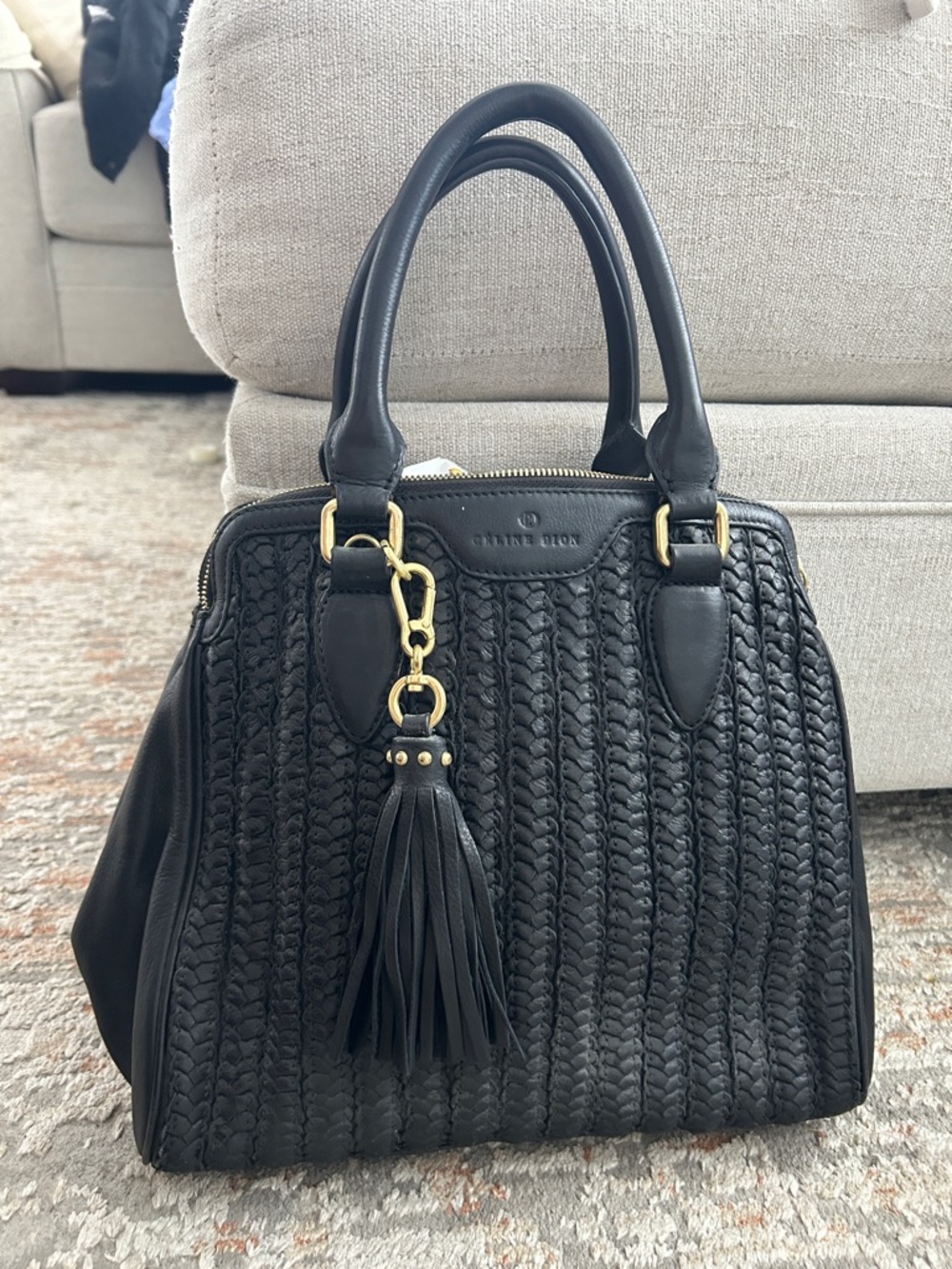 Celine Dion Black Braided Leather Satchel with Tassel Charm